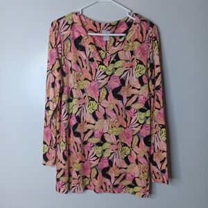Chicos Tunic Top Women Size 3 XL Pink Orange Tropical Linen Resort Cruise Beach
